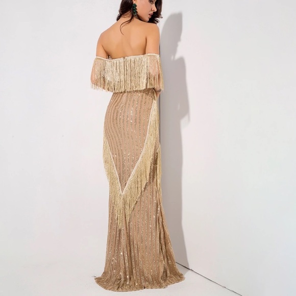💛 V-Neck Gold Fringed Stripe Glitter Long Dress - Picture 4 of 6